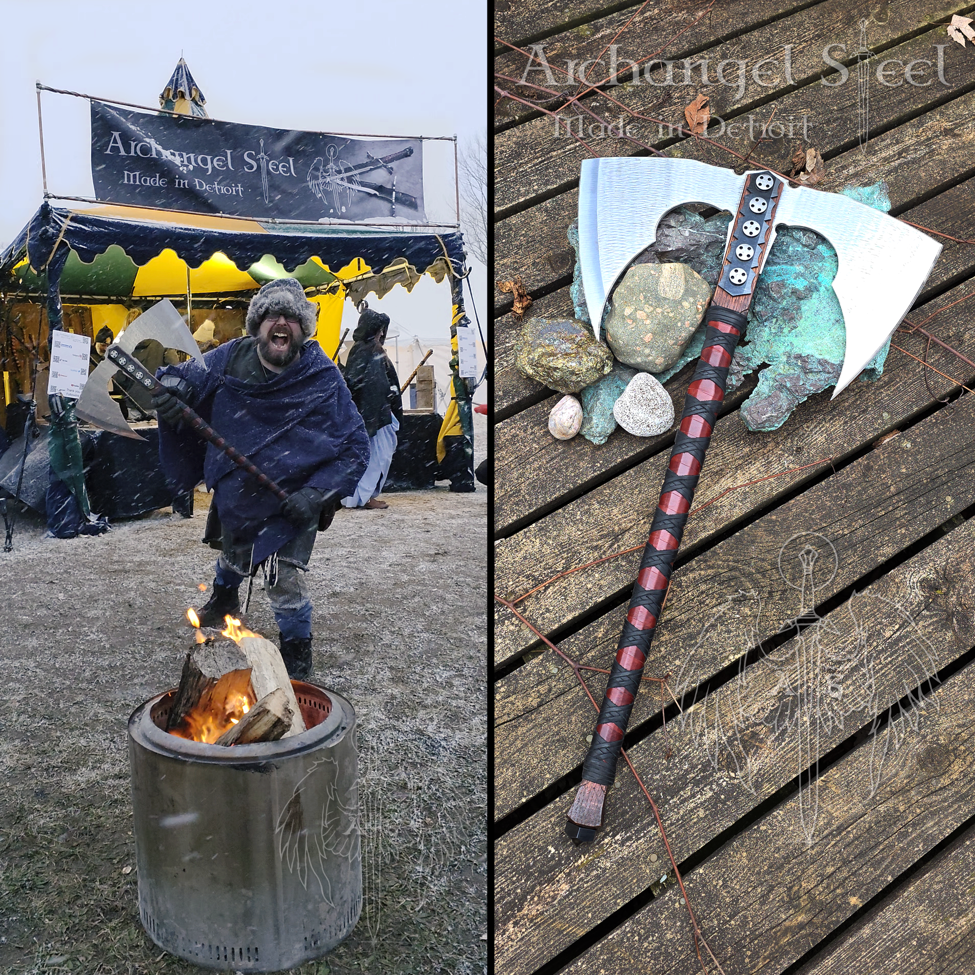 John with one of our Winged Battle Axes at the Michigan Nordic Fire Festival. He's one of the Fighters from the Michigan Viking Alliance. He used to be our axe man and he's still part of our fam. 