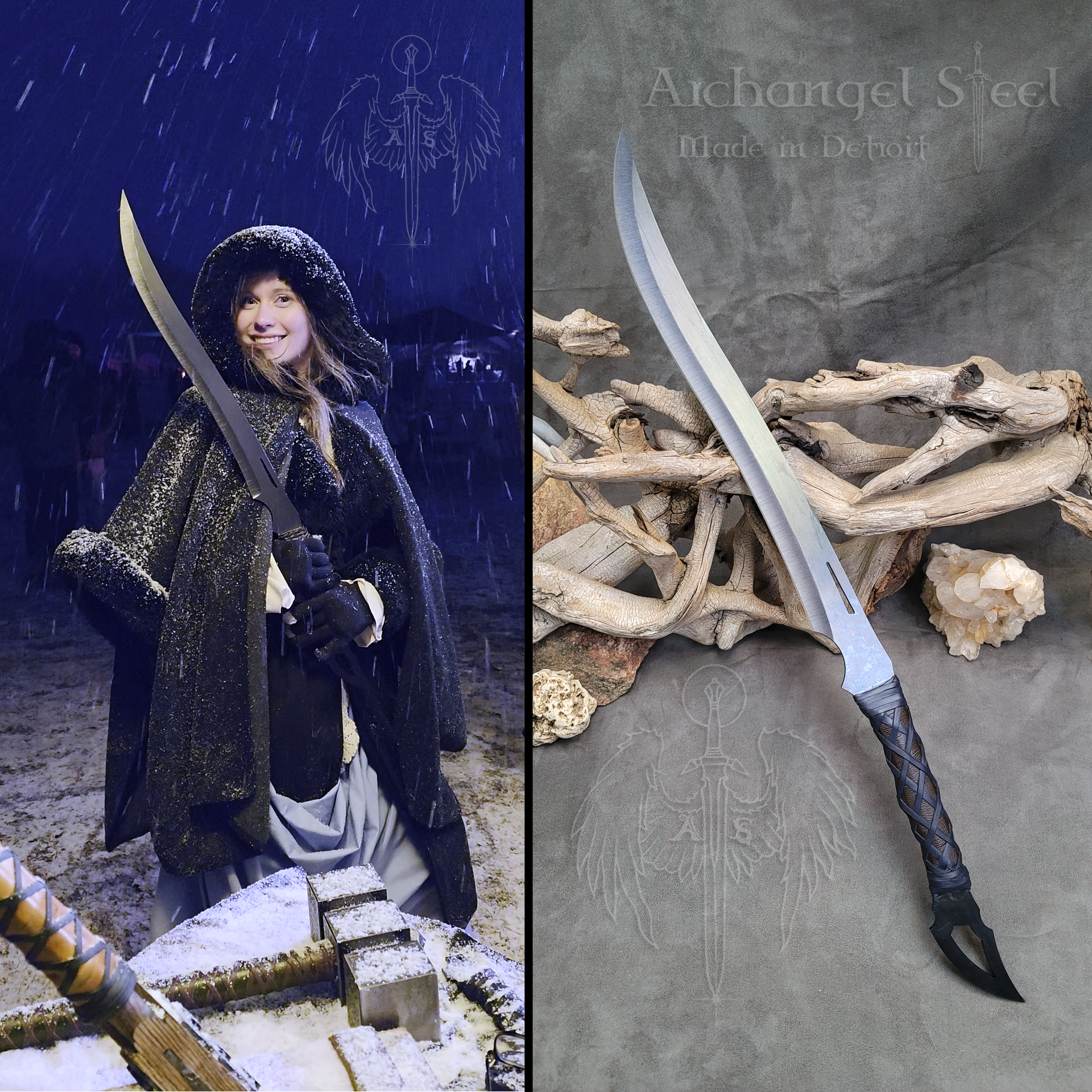 Our Haley with our Medium Elf Blade at our shop at the Michigan Nordic Fire Festival Viking event. We were being snowed on hard that day. 