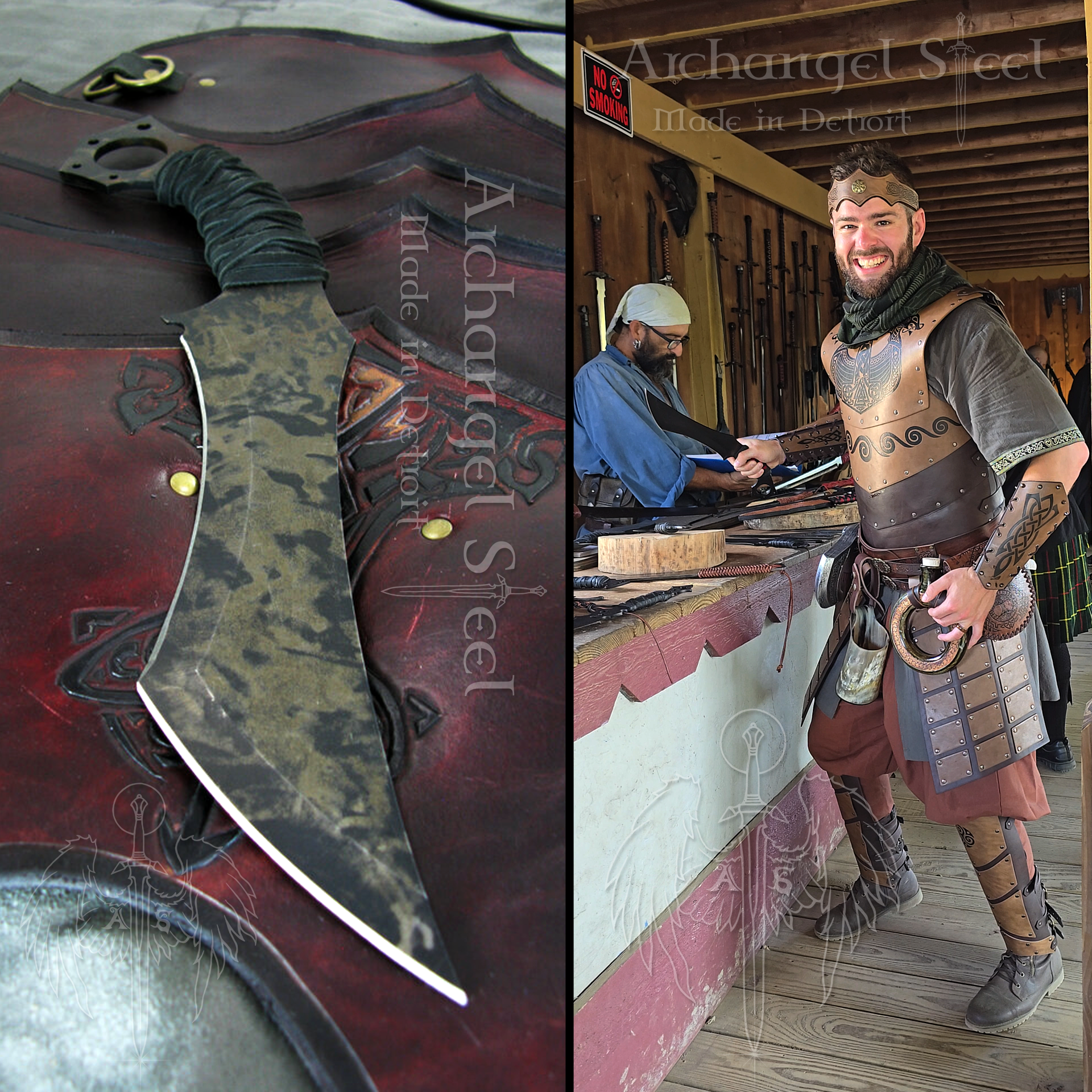 Horn Dagger Knife with camo patina blade, full tang with black leather handle wrap