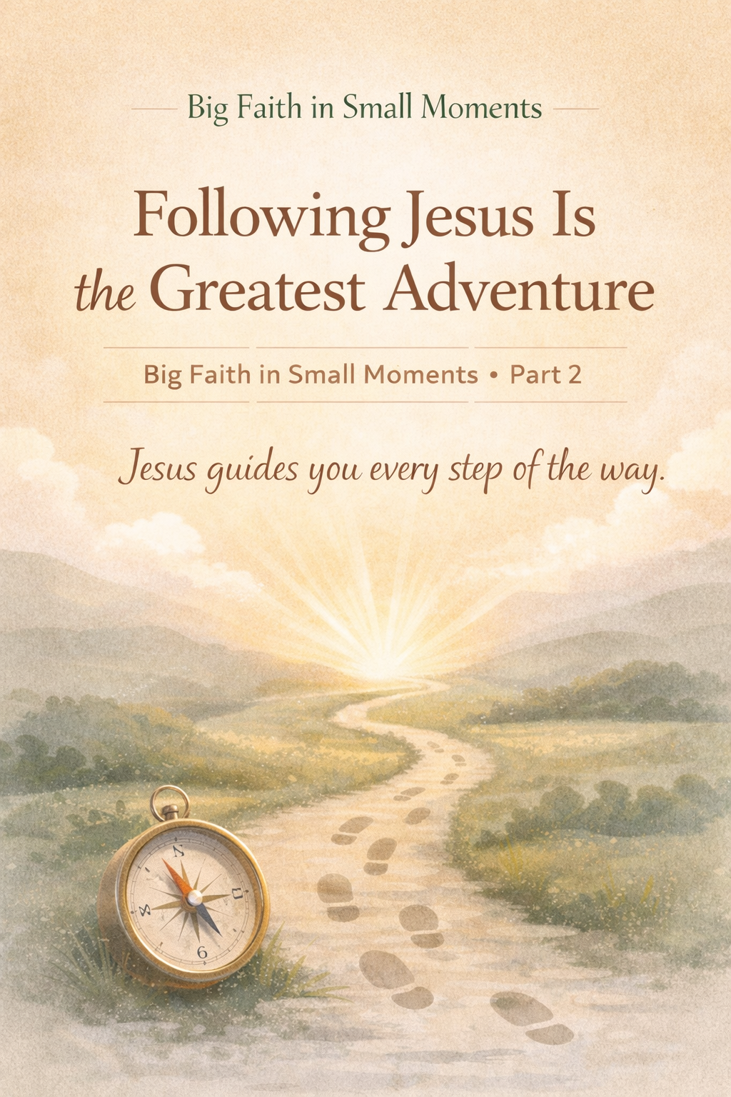 Soft illustrated devotional image of a winding path with footprints and a compass, symbolizing following Jesus on a faith-filled journey.
