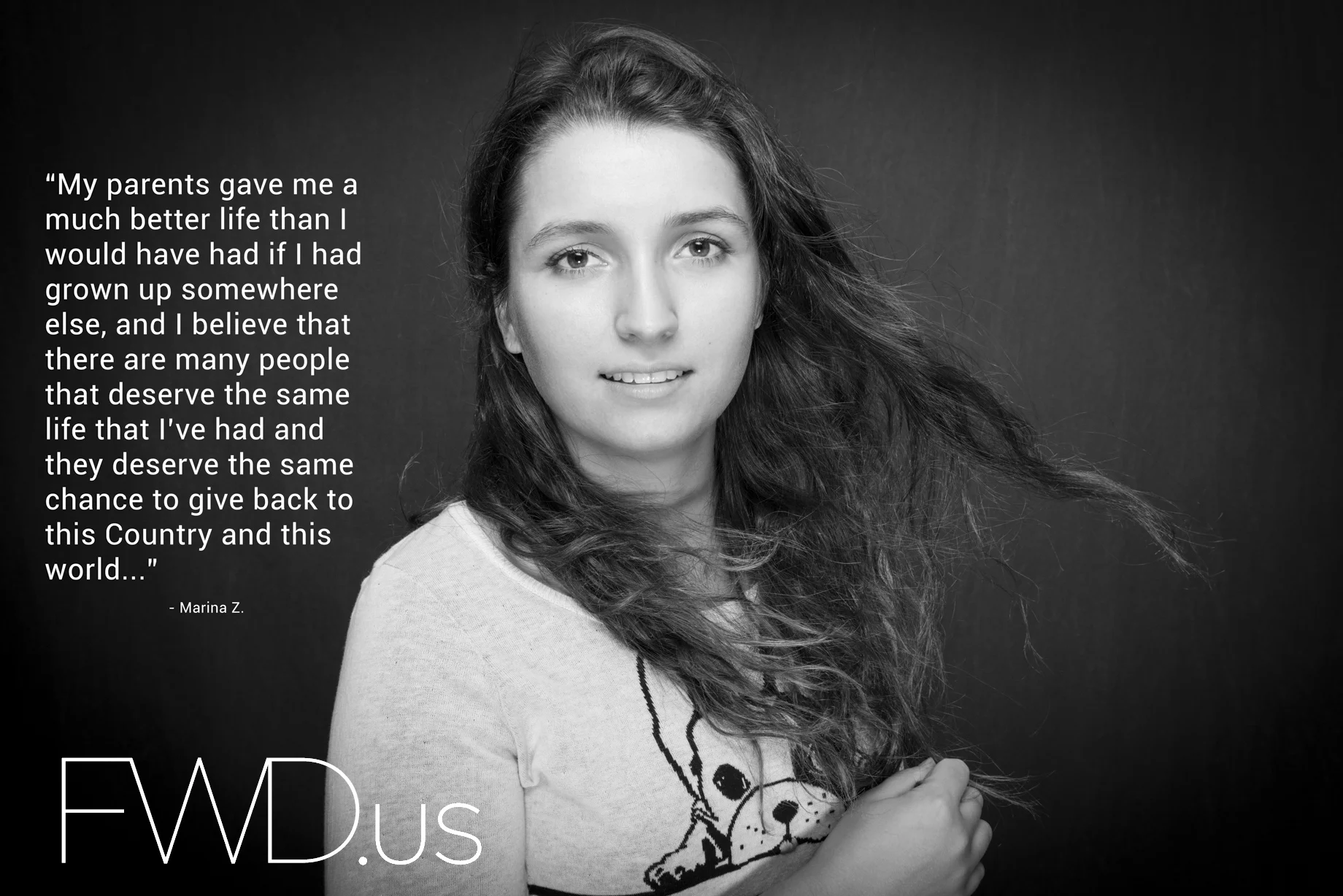 FWD.US Black and White portrait of woman with her thoughts on Immigration Reform