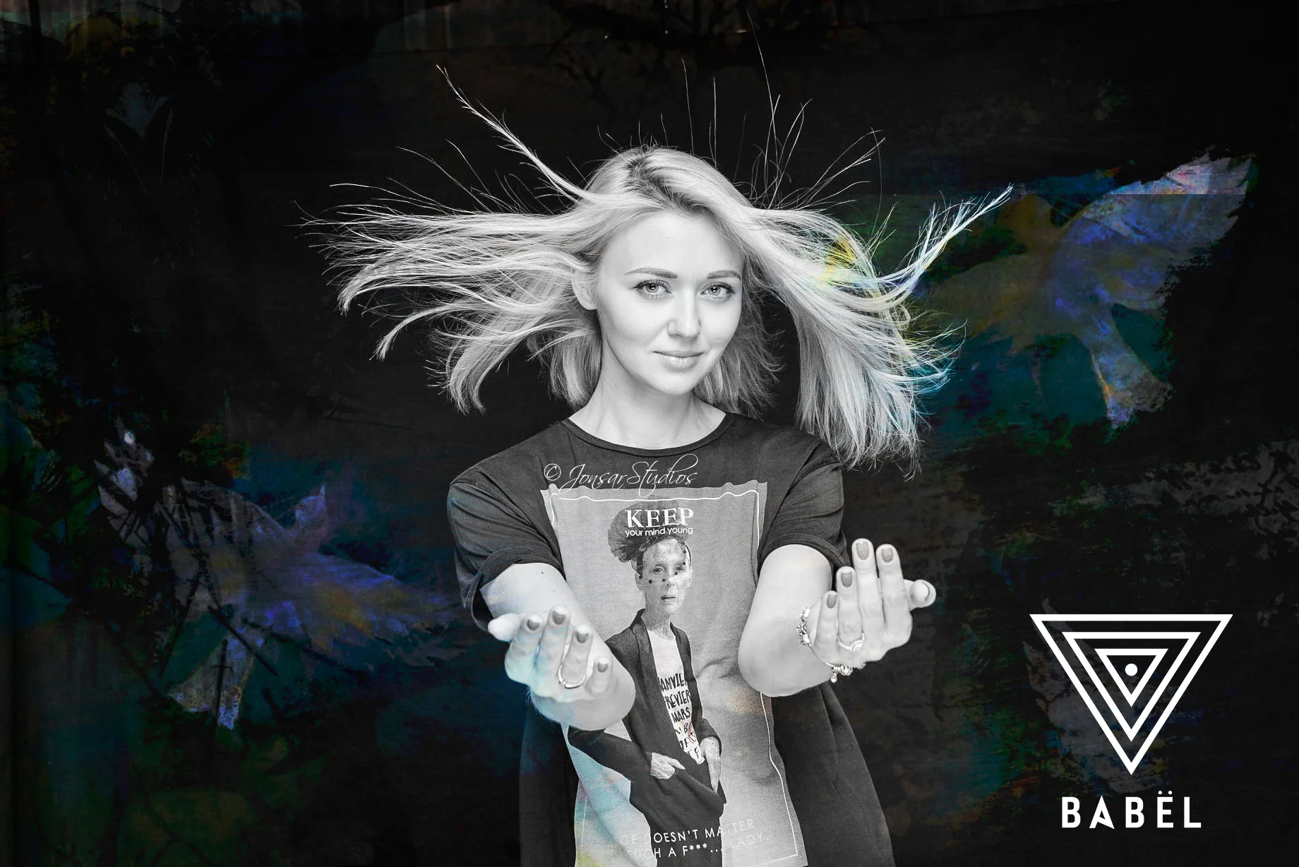 Black and White Portrait of Blonde Woman on Custom Made Background
