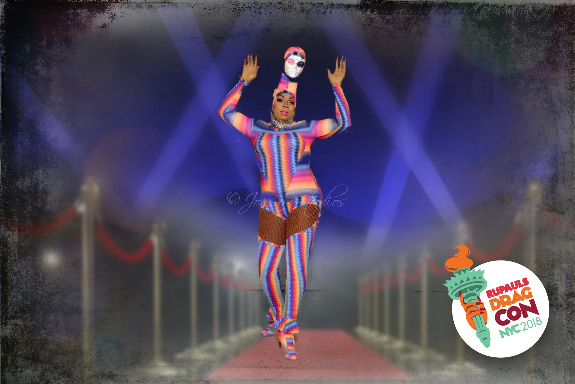 Colorful Portrait of Drag Queen on custom-created catwalk background at Rupaul's DragCon NYC