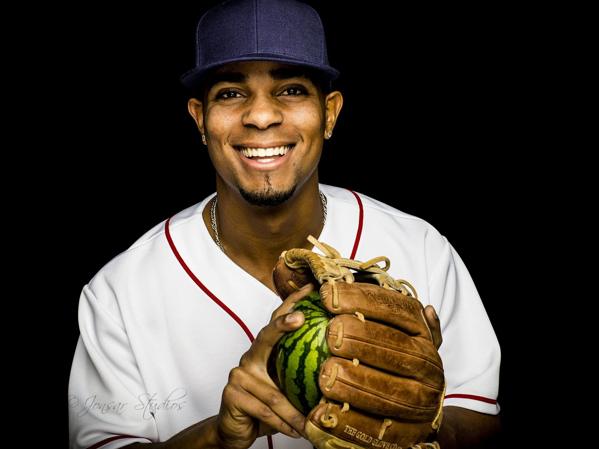 Portrait of Xander Bogaerts with watermelon in his glove
