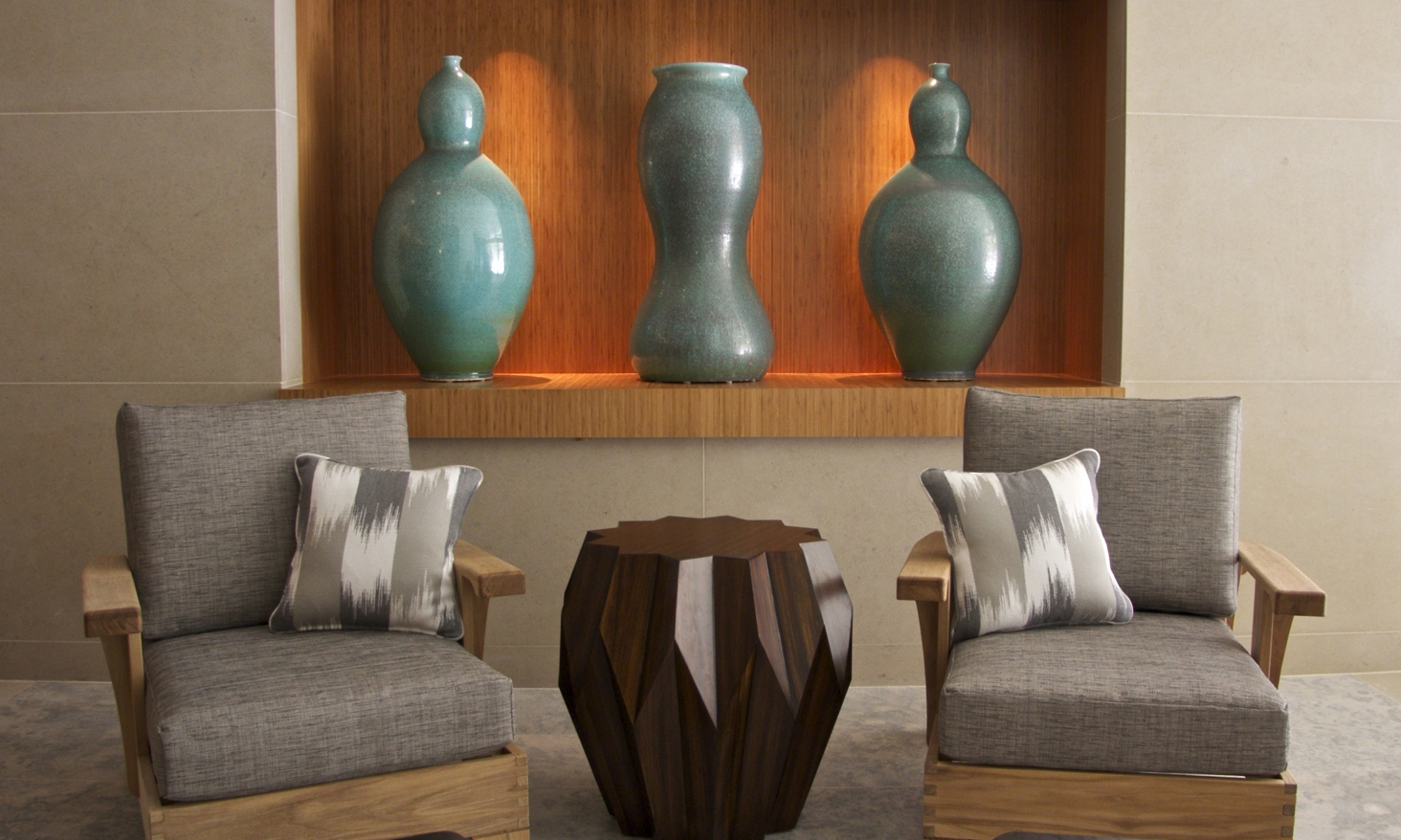   Grouping of large ceramic bottles by Ben Owen III in the spa area, The Umstead Hotel and Spa, Cary, NC.  