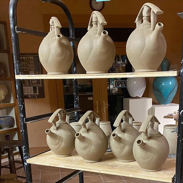 It has been a busy couple of weeks and haven&rsquo;t posted lately.  Making lots of pots for our upcoming wood firing this weekend.  A few teapots drying in the studio.  More posts of the process coming soon!