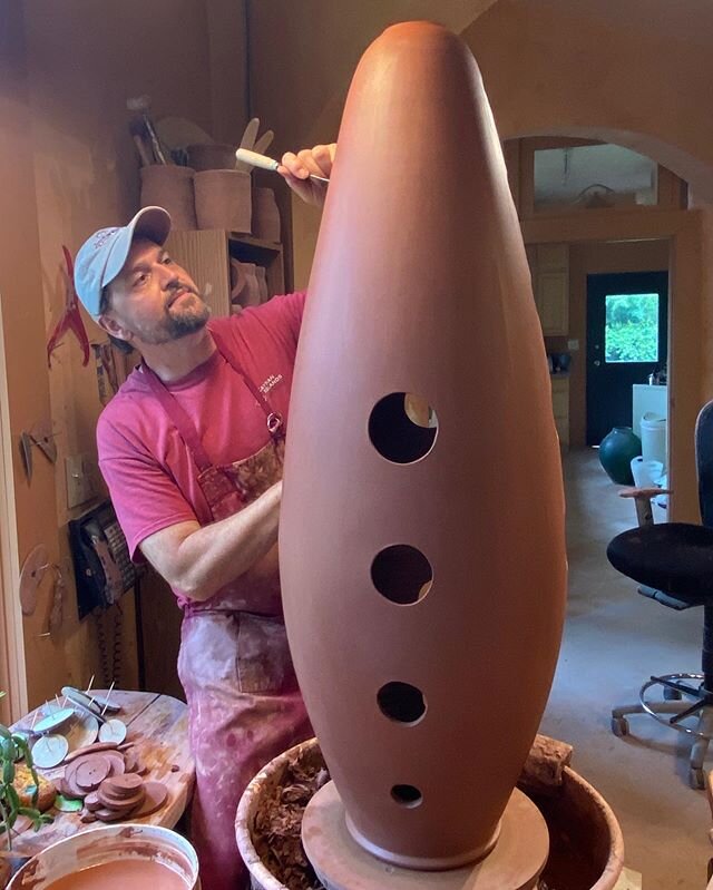 Finishing the vase from yesterday.  We will be installing a rice paper diffused led light on the inside for accent and making a turned walnut base.  Color will be an Opal Blue.  #benowenpottery, #clay, #pottery, #alchemy, #design, #interiordesign, #t