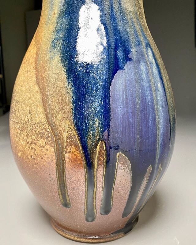 Gourd vase 12&rdquo; tall in cobalt, iron, and ash glazes from our wood kiln.  See more examples on our website.  Info on profile page.  https://benowenpottery.com/online-store