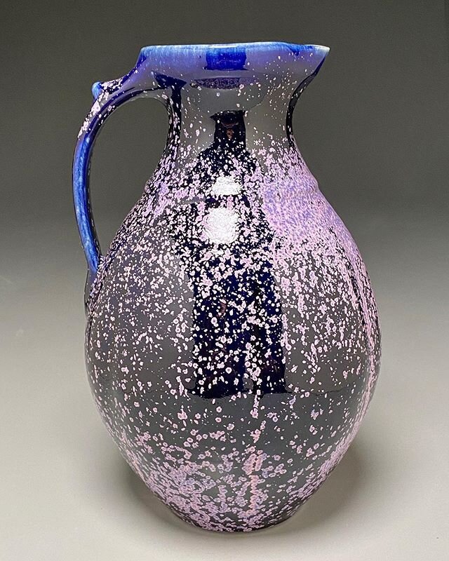 I am amazed by the variety of results with this glaze in the wood kiln!  Nebular purple melon pitcher 13&rdquo; tall fired for 60 hours to 2400 degrees.