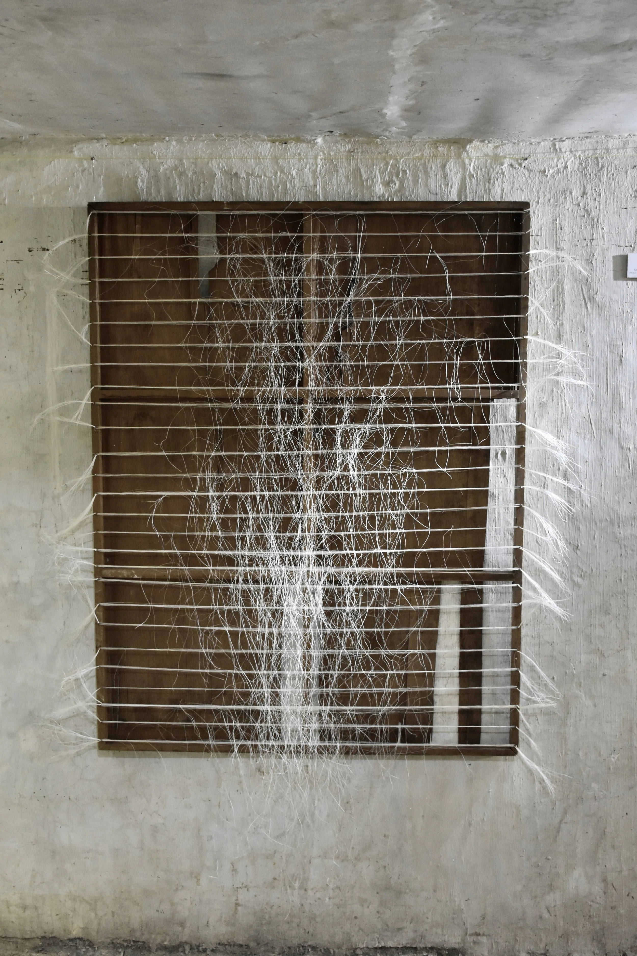  “Fragile Encounters I”  Material; Jute fibers, old wooden frame, found in Tono´s basement. 