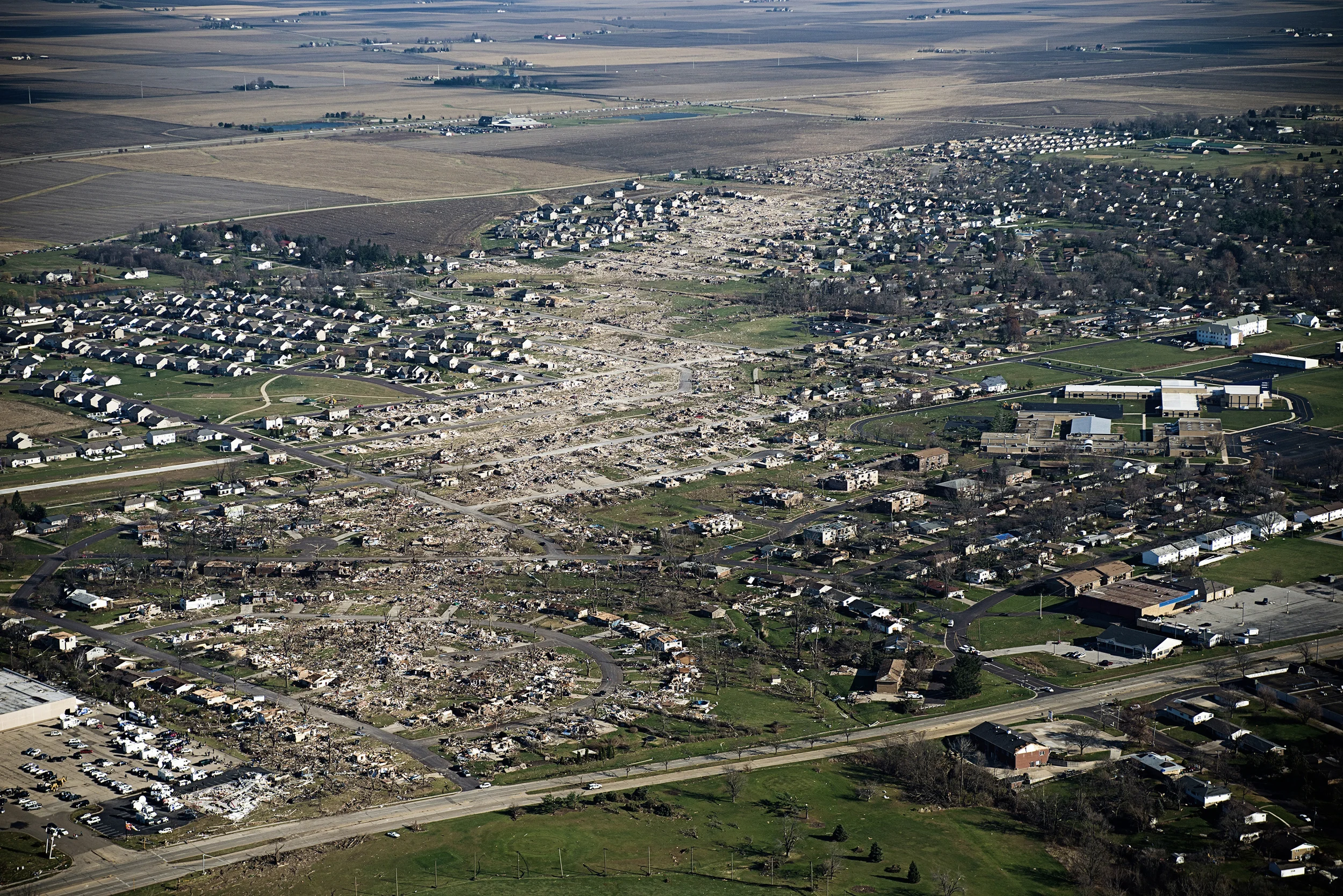  Aerial view of Washington, IL the day after an EF-4 tornado devastated the town, Monday, November 17, 2013. The tornado damaged and destroyed 1,400 homes in the town. 