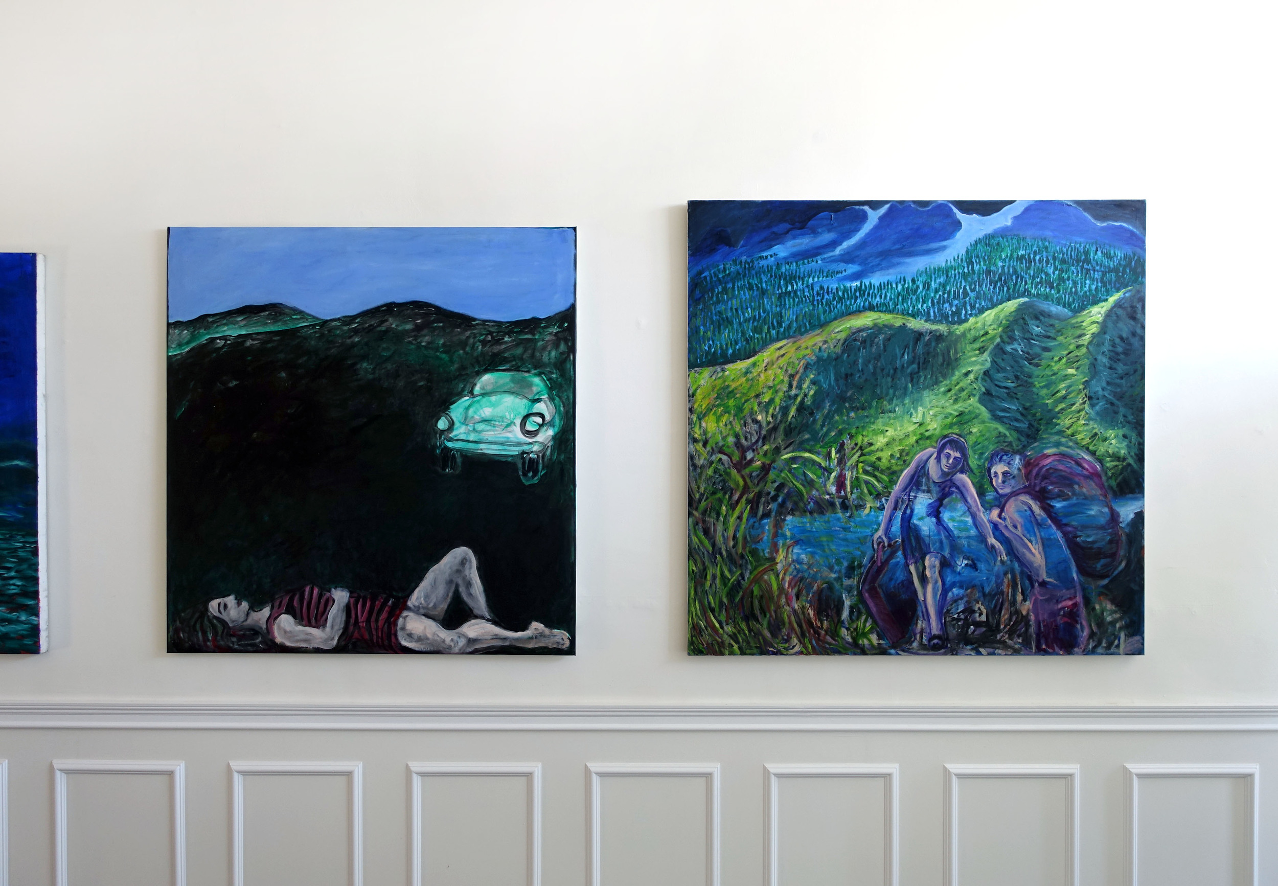 (left) HEADLIGHTS 49 x 49in Oil on canvas (right) TRAVELERS HIKE 54 x 54in Oil on canvas
