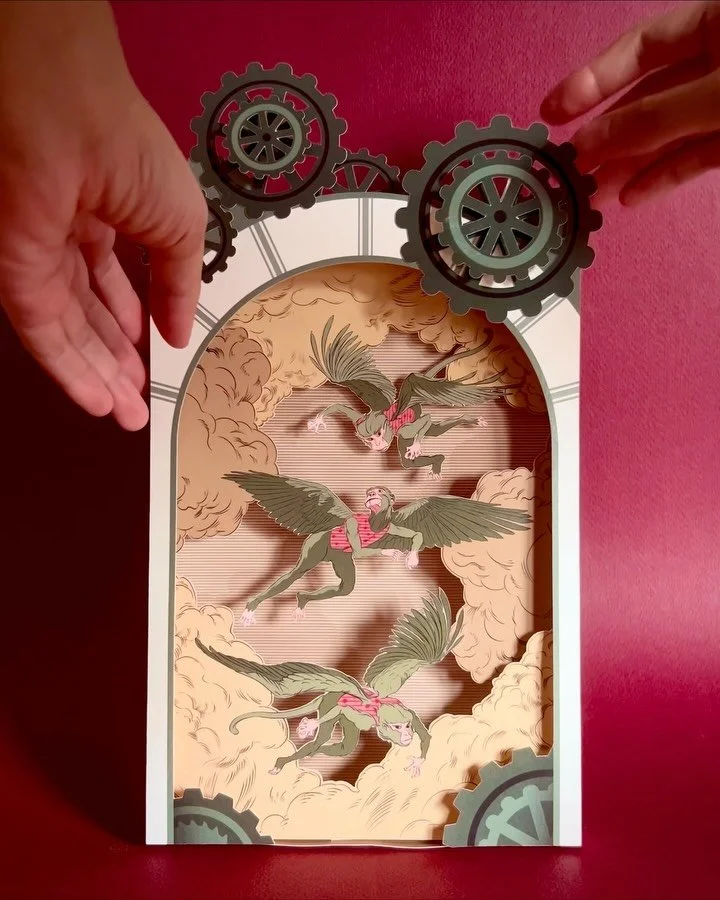 Just a little Oz-ian shadow box scene I illustrated and made for @cricut_sgmy this month. Pink does go good with green 💚🩷 It was nice to be able to scratch my theatre, set, window display, crafting itch. :) who else is excited for @wickedmovie ?! ?