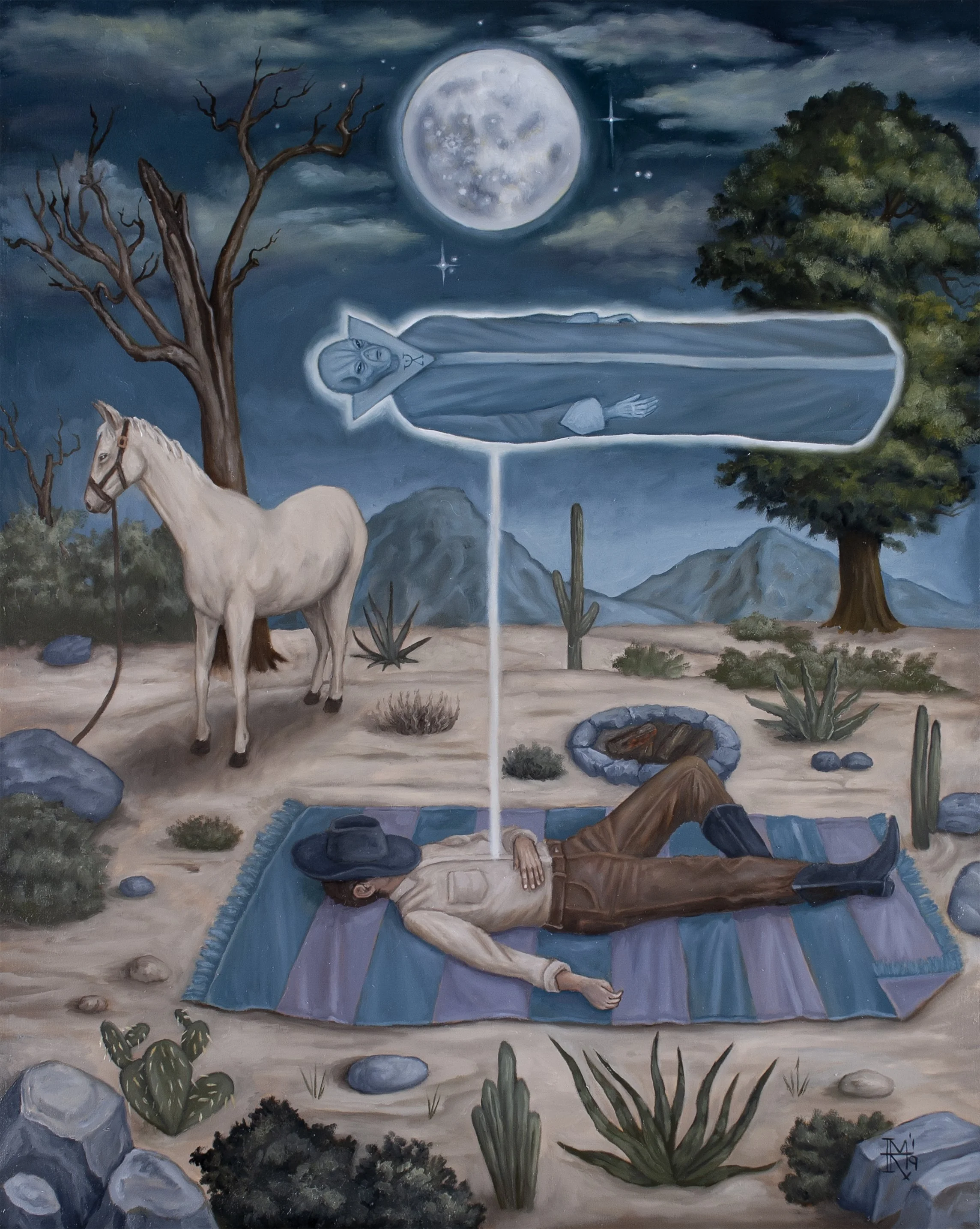Spooky Oil painting with Alien, "The Astral Body" by Mark Rogers