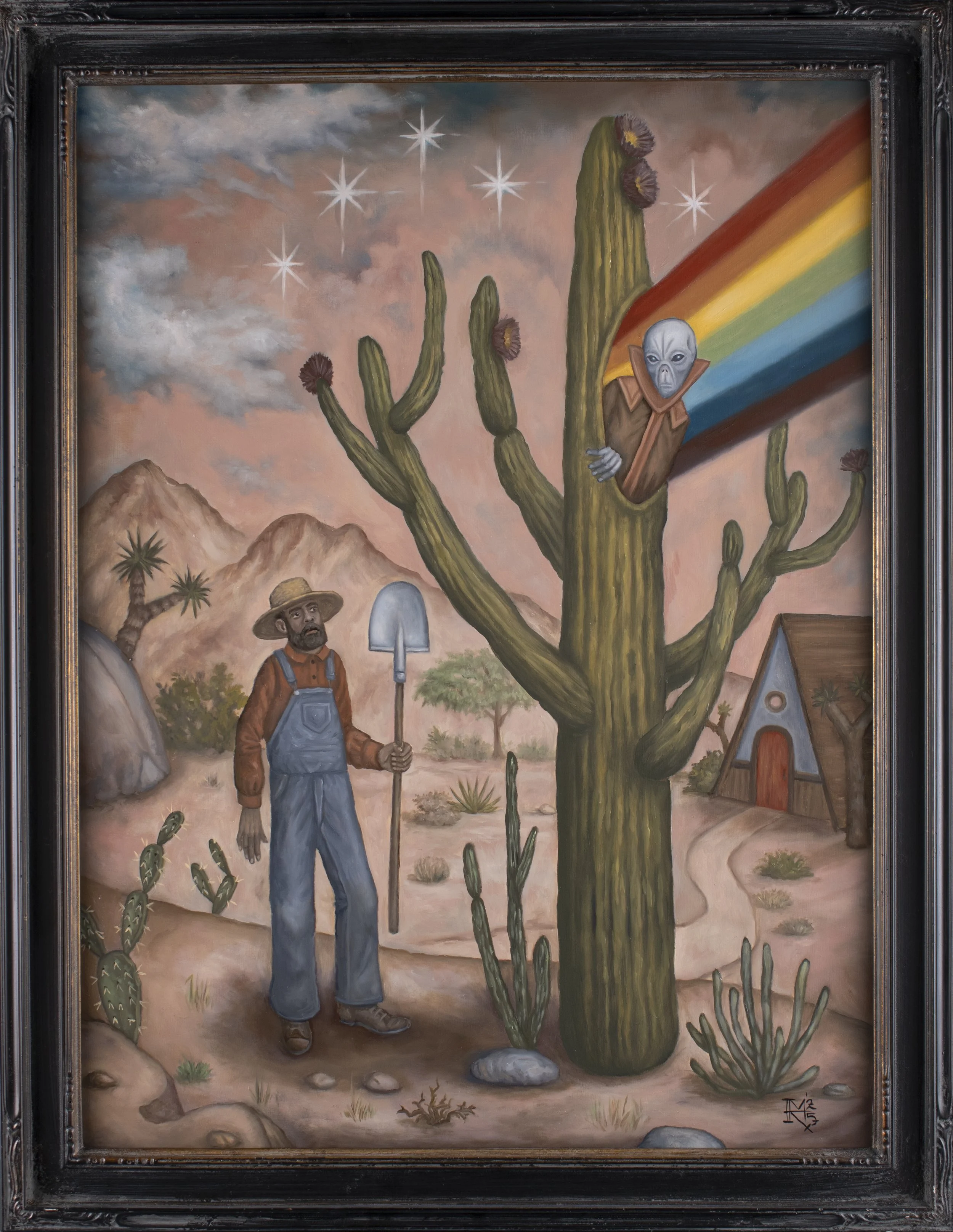 “The Resurrection Pod” 18x24 Oil on Panel 2025 “The Cactus Garden Series” 1/9, Mark Rogers, Aliens, Scifi Art, Popsurrealism, Narrative Art, Cactus, Magick, Rainbows, Framed Painting