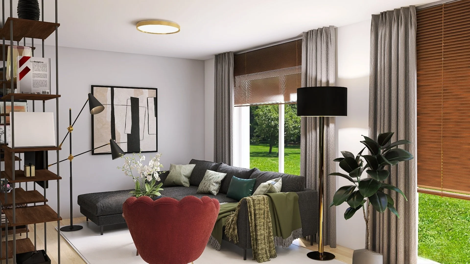 Gemütliches Wohnzimmer mit grauem Sofa, rotem Sessel, vielen Kissen und Blick ins Grüne durch großes Fenster.