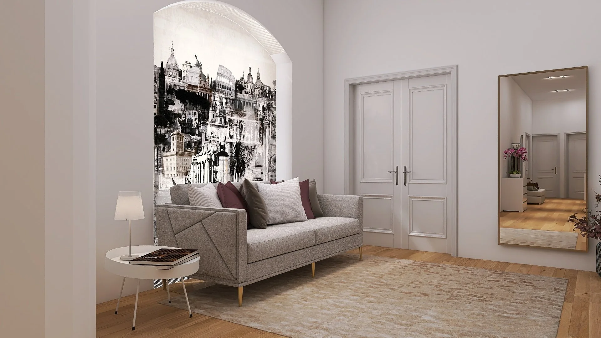 Helle Diele mit grauem Sofa, großem Teppich und beleuchteter Wandnische mit Stadtmotiv – großzügiger Flur im modernen Interior Design.