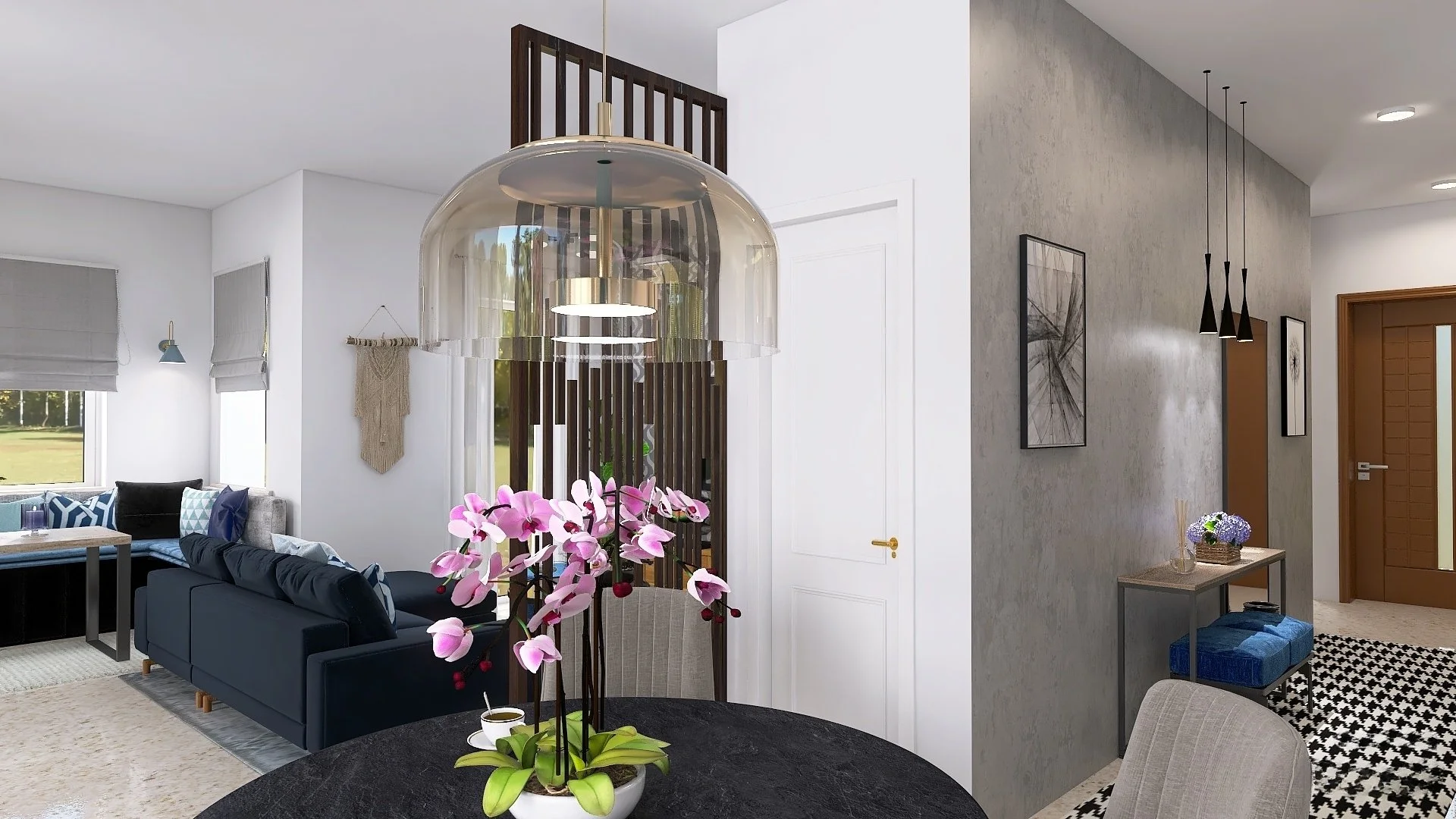 Flur mit Wohnzimmer in grauen Wänden_modern.jpeg