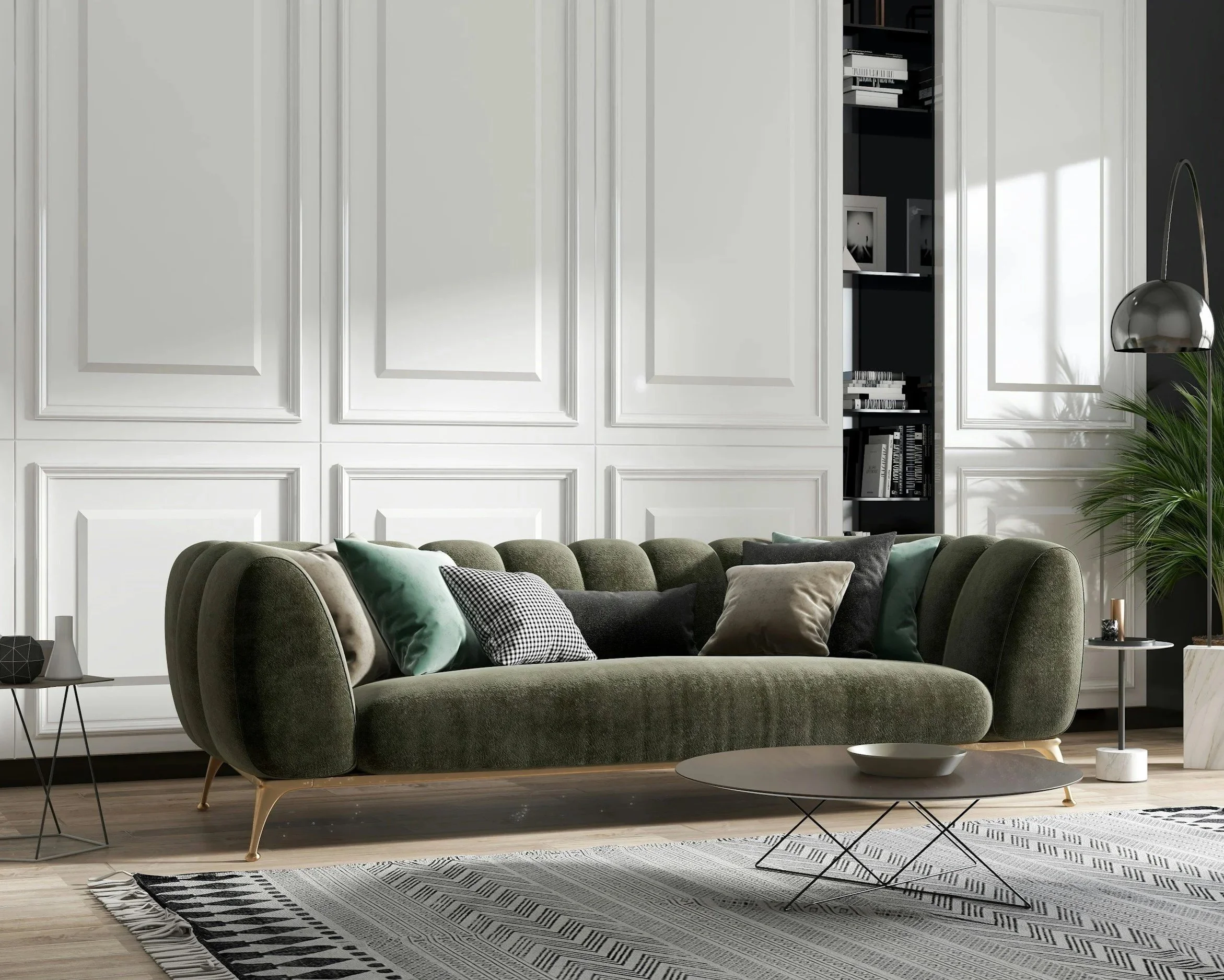 Modernes Wohnzimmer mit grünem Designersofa vor weißen Wandpaneelen – Beispiel für sorgfältig kuratierte Möbelauswahl im Interior Design.