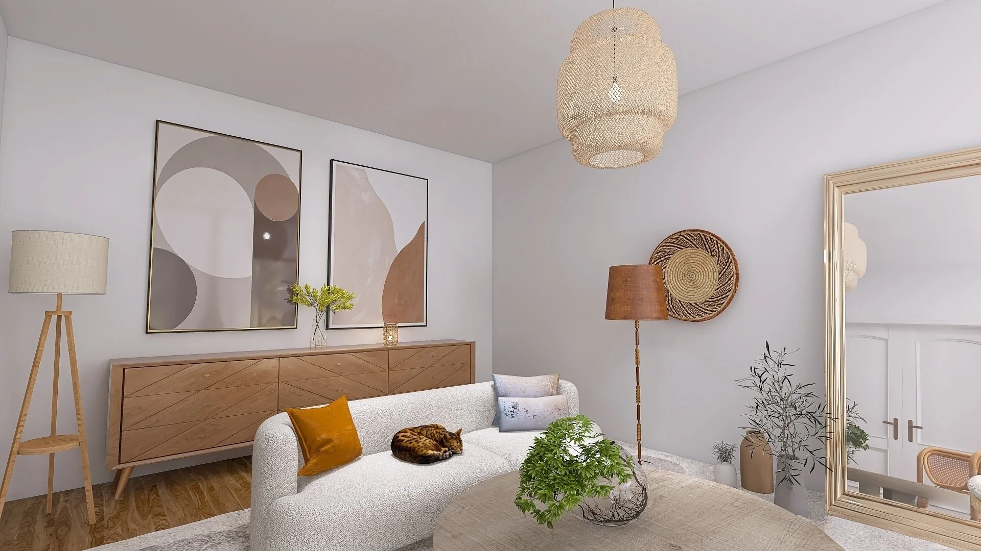 Helles Wohnzimmer in Naturtönen mit weißem Sofa, Holzanrichte, Wandkunst und großem Spiegel – gemütliches, nachhaltiges Interior Design.