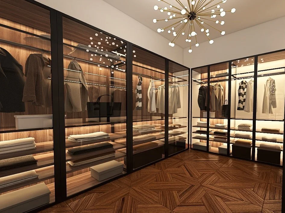 Begehbare Ankleide mit Glasfronten, warmem Holz und integrierter Beleuchtung – luxuriöses, nachhaltiges Interior Design.