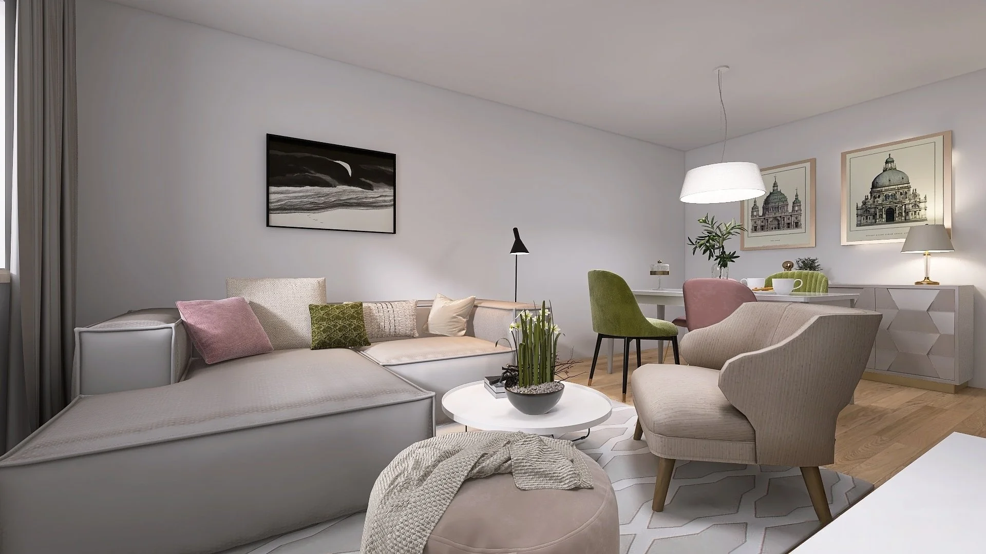 Modernes, gemütliches Wohnzimmer in Rosa‑ und Beigetönen mit großem Sofa, Lounge‑Sessel, runden Couchtischen und kleinem Essbereich im Hintergrund.
