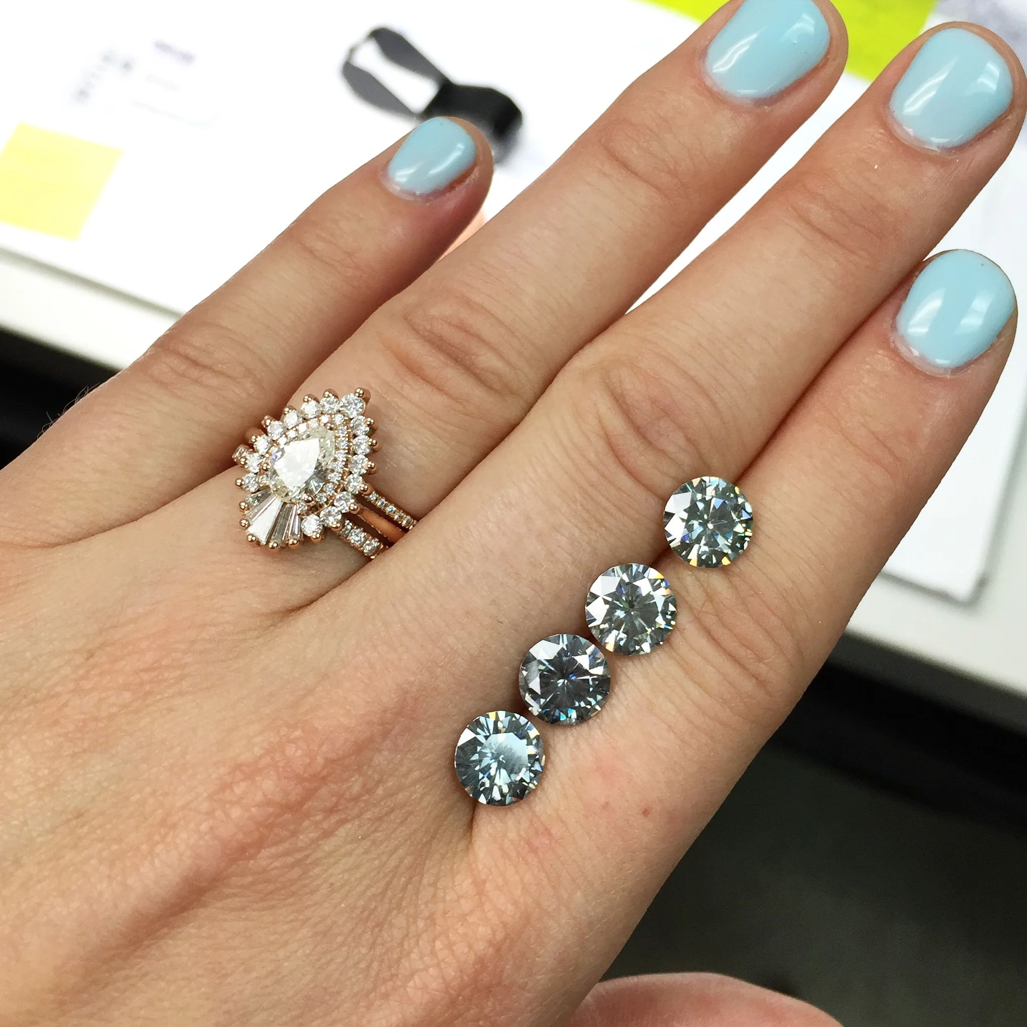 The stunning blue gray 8mm (2 carat size) moissanite that I selected for my dream ring