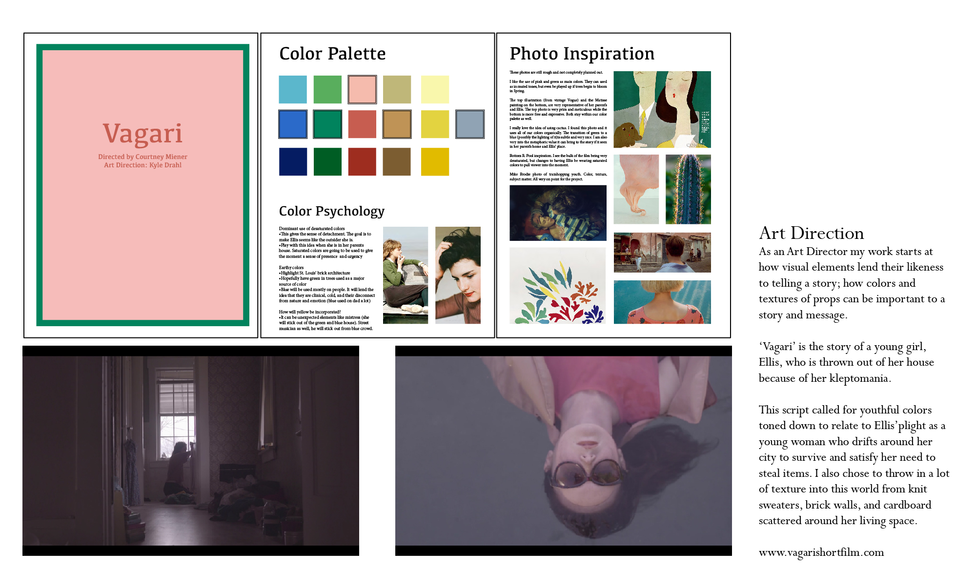  Snippet of art direction book for a short, 'Vagari,'&nbsp;with stills from the production. 