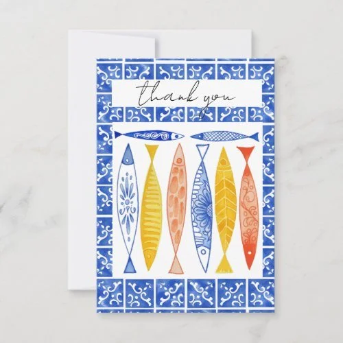 mediterranean thank you card blue and white tile