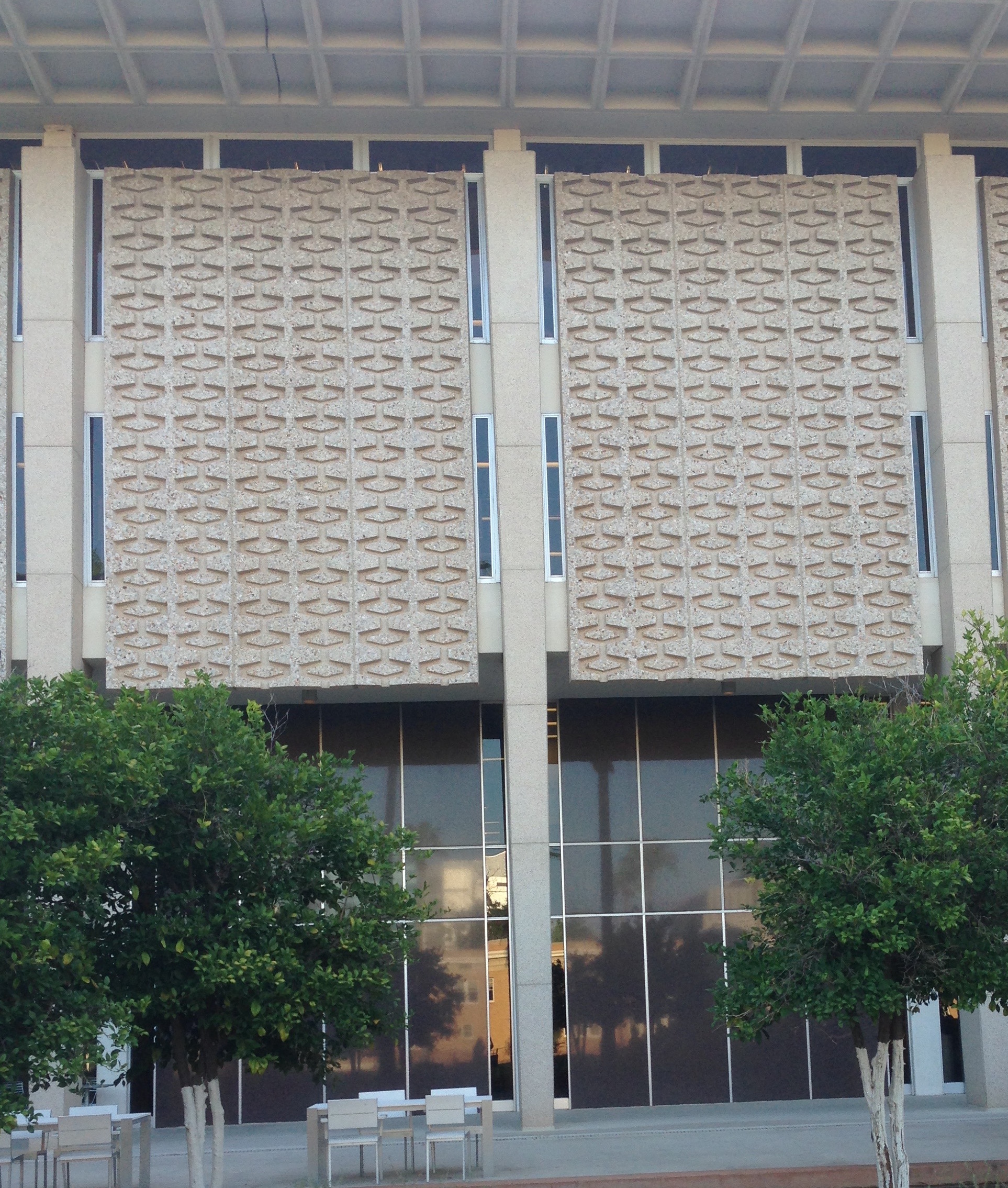The old ASU library with its midcentury modern exterior concrete patterning.