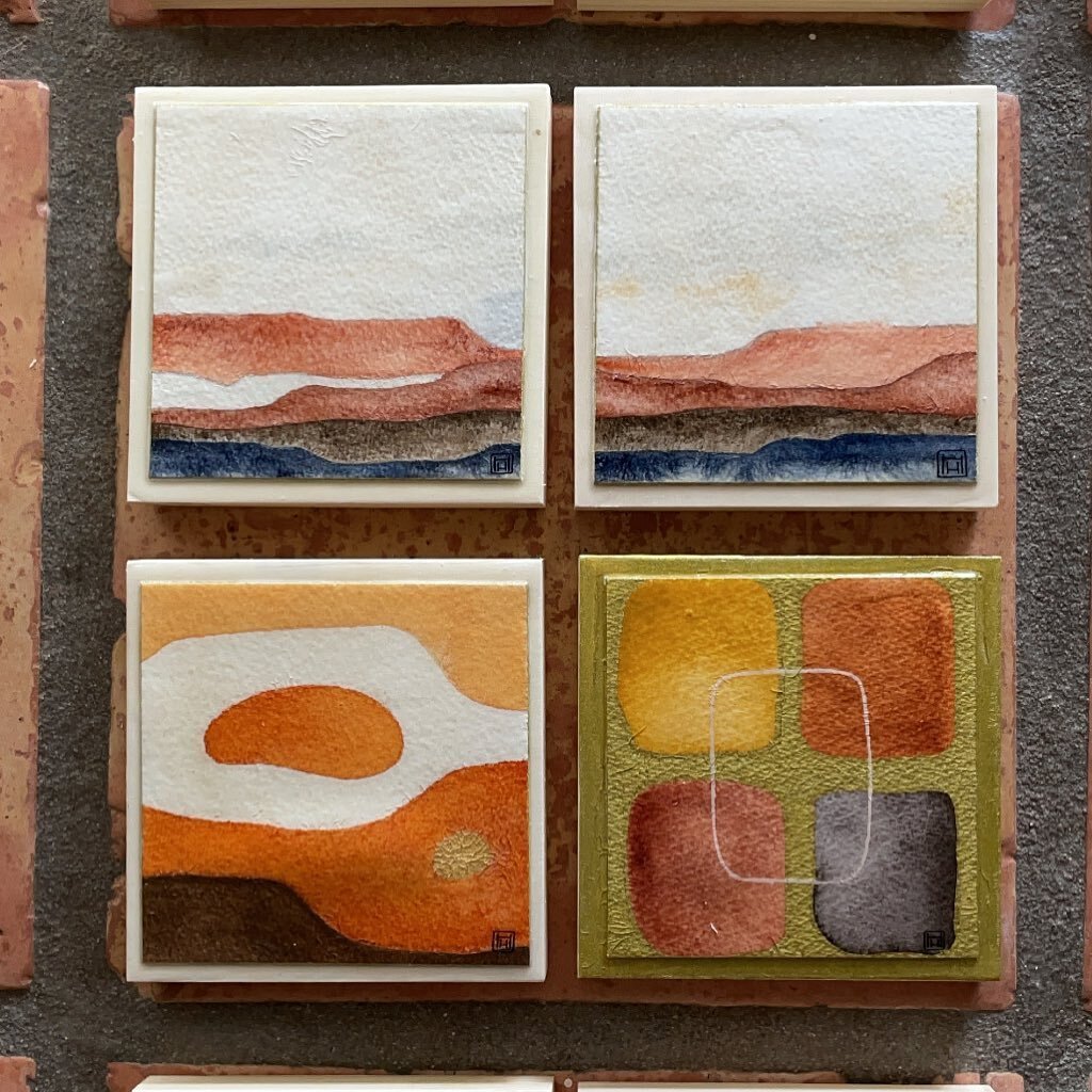 Mesas I &amp; II (top row); High Desert Sunset; Four Corners; all 5x5&rdquo; watercolor paintings on paper, mounted to panel. $30 ea. 
These will be at the Holiday Market, 
Sunday Dec 11, 15025 N 26th St. Phoenix 85032
#watercolorabstract #holidaysho