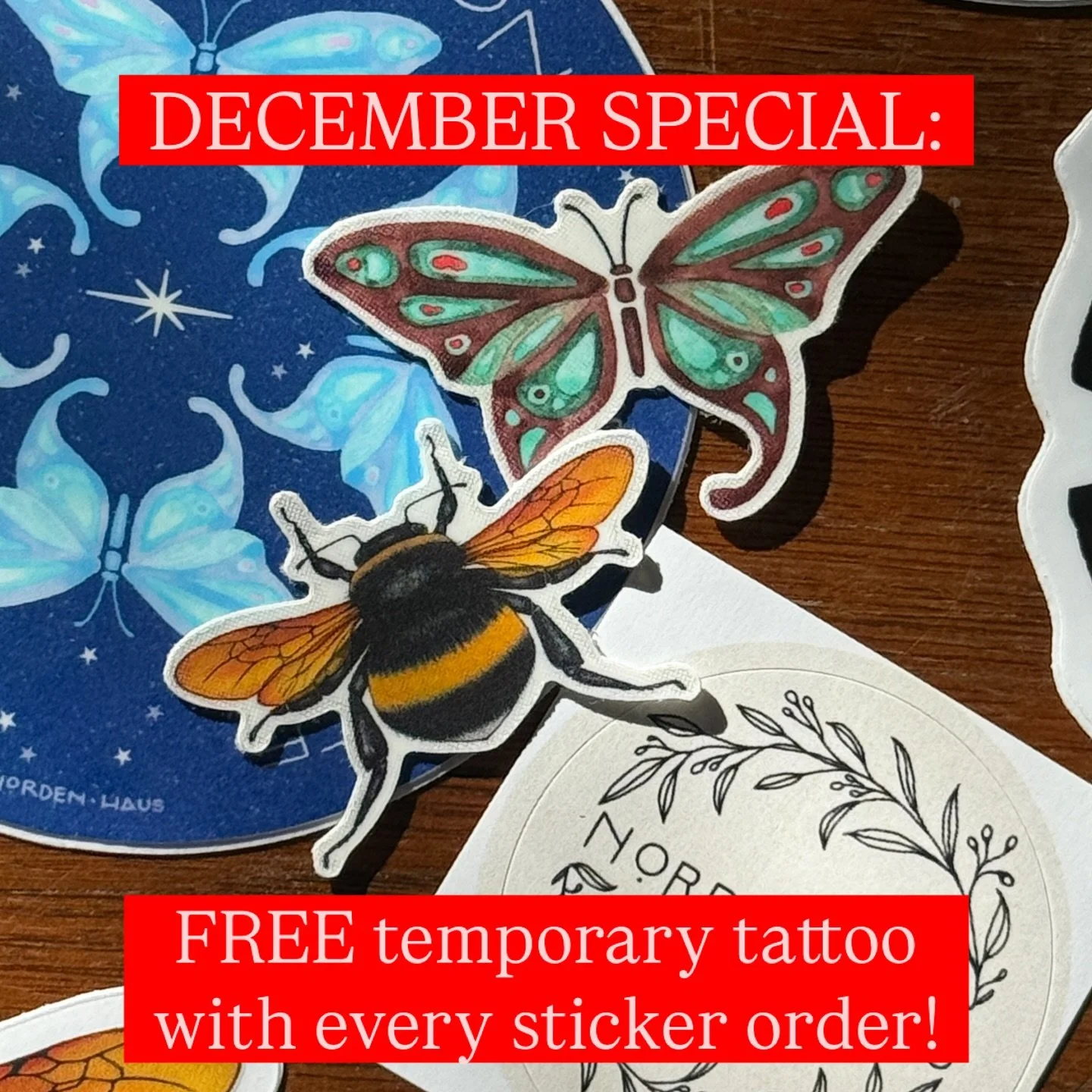 🛍️ DECEMBER SPECIAL: FREE TEMPORARY TATTOO WITH EVERY STICKER ORDER 
-while supplies last!! Limited supply!
See previous post for stickers. 
🐝🍄🍋🐟🐞🦋
👉 NordenHaus.etsy.com
Link in Bio!
#stickersforsale #etsyartist #freebiealert