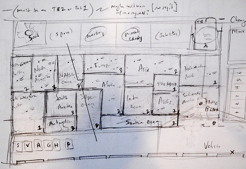 One of the first sketches of the Thunderbirds board. The vertical line indicates the decision to cut the board in half at the Atlantic so Tracy Island can be in the center. The Hood had his very own region of the world in this version. Handy!