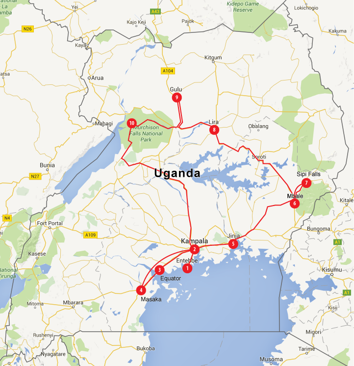 Our route. Click the map for a larger view. 1. Landed in Entebbe 2. Traffic and shopping in Kampala 3. Quick stop to buy drums and do "experiments" at the equator 4. Visited schools and a family in Masaka 5. Boat ride to the source of the Nile at Jinja 6. New brakes for the van in Mbale 7. Hiked up Sipi Falls 8. Visited schools in Lira 9. Visited schools and a family in Gulu 10. Boat ride on the Nile, photo safari, and Murchison Falls hike 11, 12. Back to Kampala and Entebbe