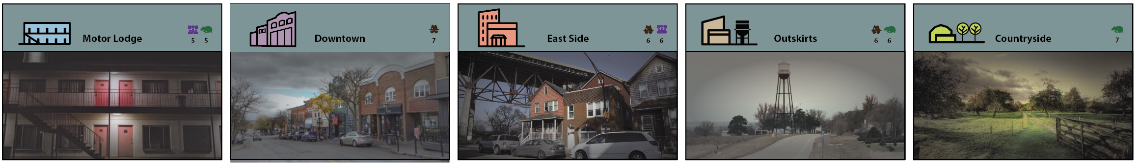 Five location cards from The Clockwork Initiative