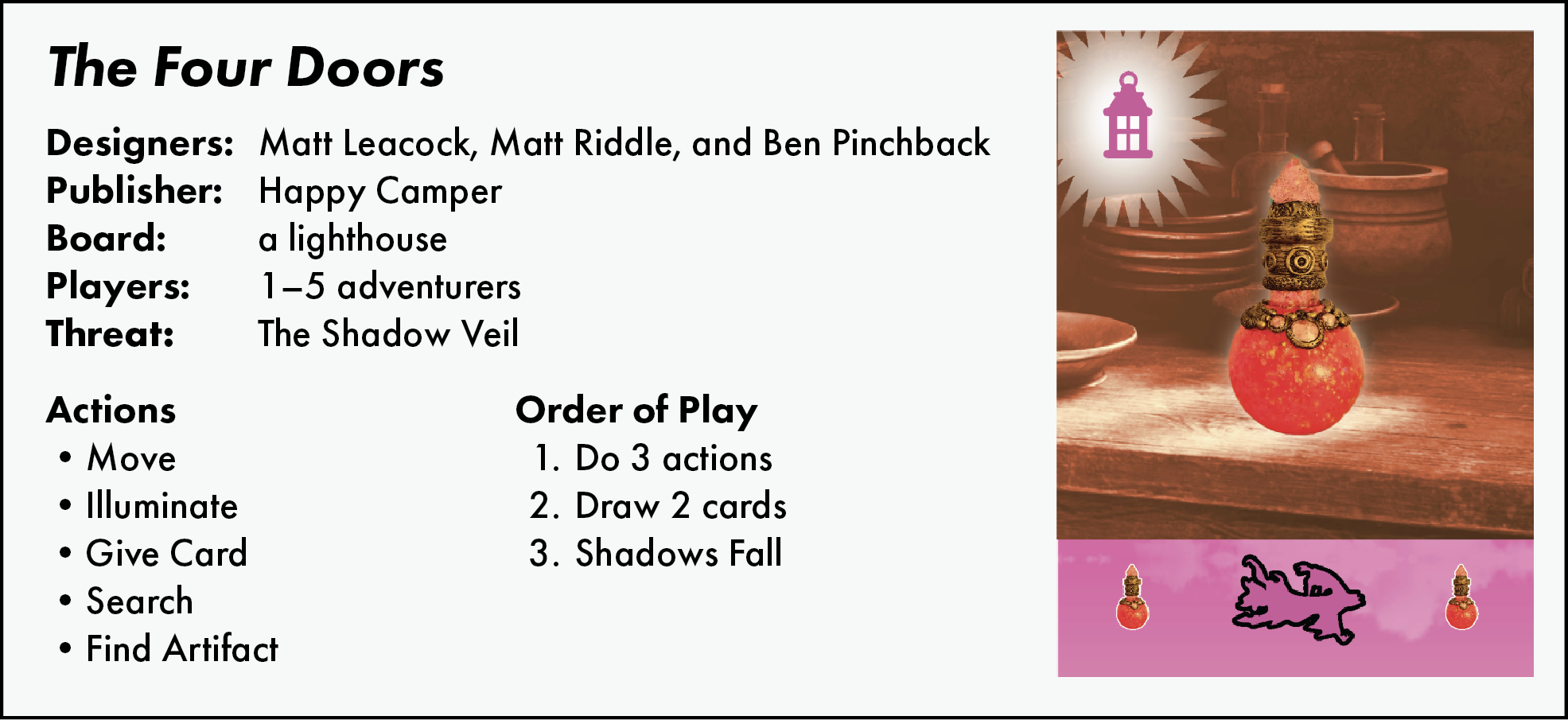 The Four Doors. Designers: Matt Leacock, Matt Riddle, and Ben Pinchback. Publisher: Happy Camper. Board: a lighthouse. Players: 1–5 adventurers. Threat: The Shadow Veil.