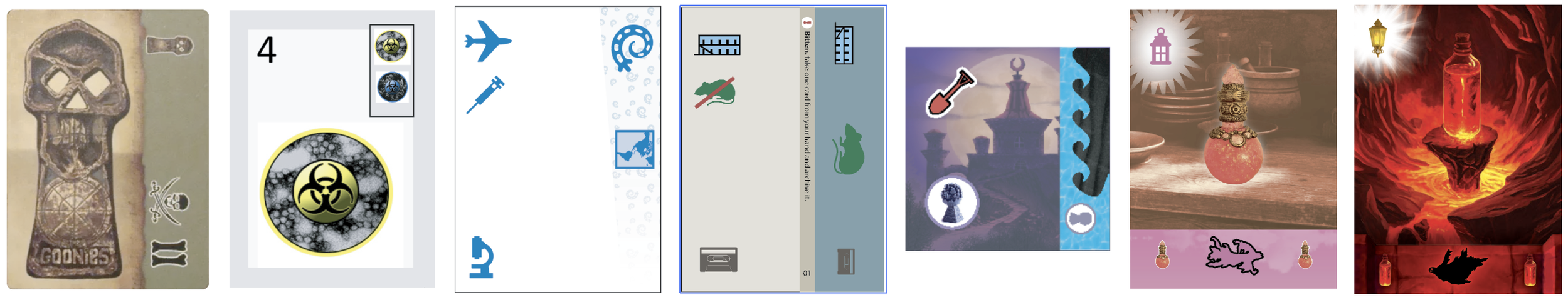 Seven different player cards from the different versions of the game during its development