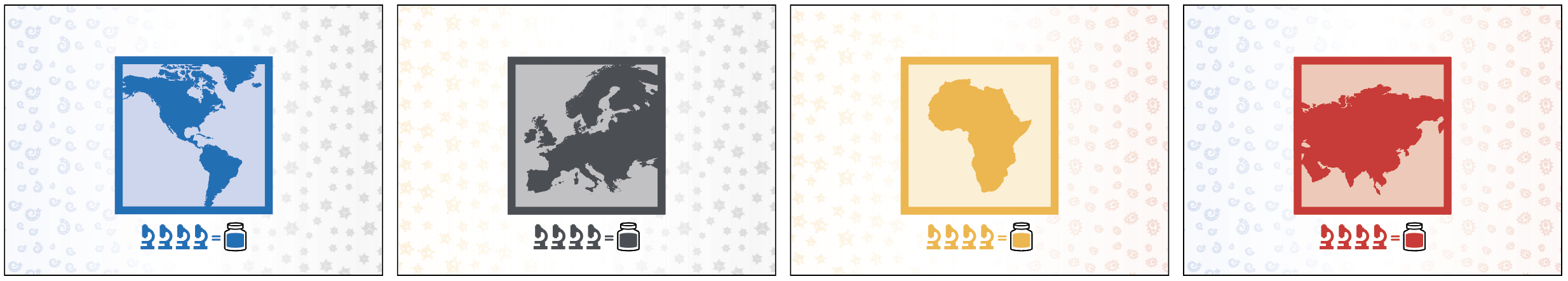 Four location cards from Pandemic: The Card Game