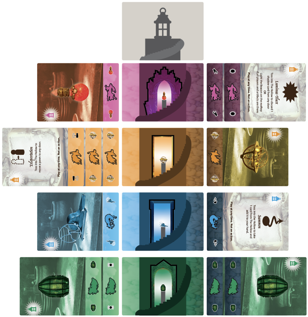 The cards from The Four Doors laid out into a tower with the beacon on top and shadows stacked on each side