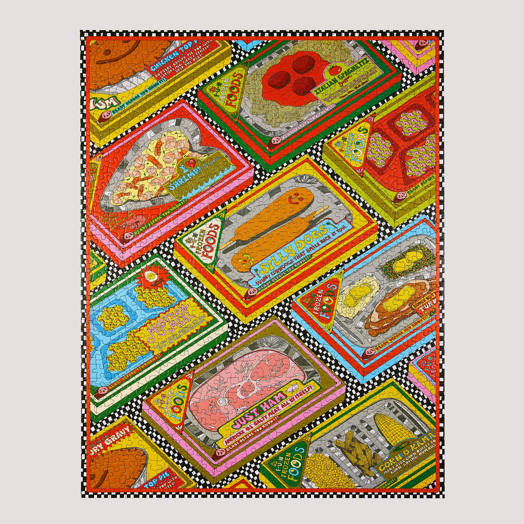  “TV Dinner” 1,000 piece puzzle design for Le Puzz, a new puzzle brand based in Brooklyn, NY. Digital illustration designed and assembled with microwave meals of the past in mind, 2023. Images courtesy of Alistair Matthews &amp; Le Puzz. 