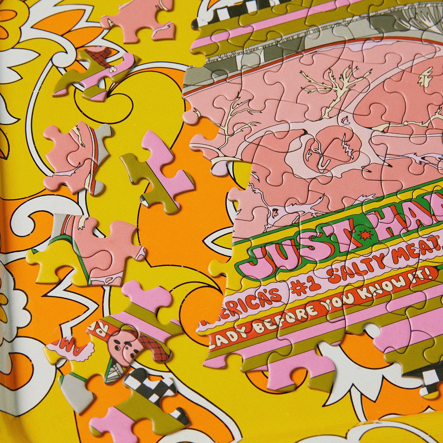  Detail shot of “TV Dinner” 1,000 piece puzzle, 2023. Images courtesy of Alistair Matthews &amp; Le Puzz. 