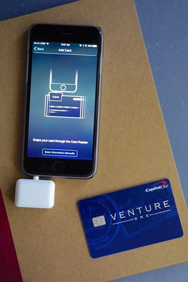 You can swipe the information in the magnetic cards onto the app using the included card swiper. Up to 8 cards can then be synced to Coin via Bluetooth.