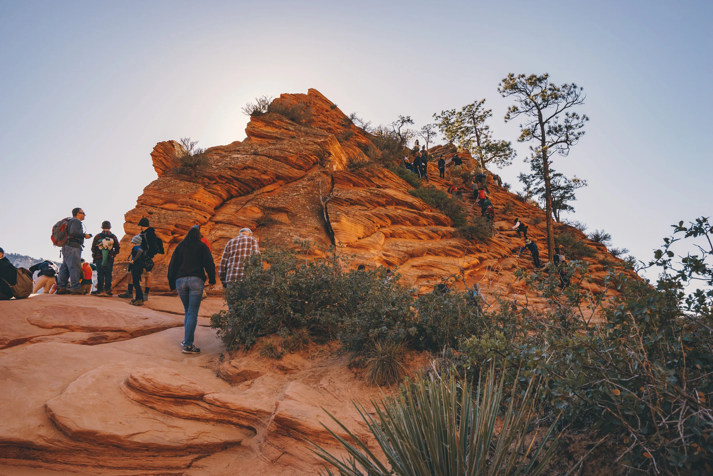 Hikers rested at the Scout Lookout . There were already quite a few people heading up and down the Angels Landing. 
