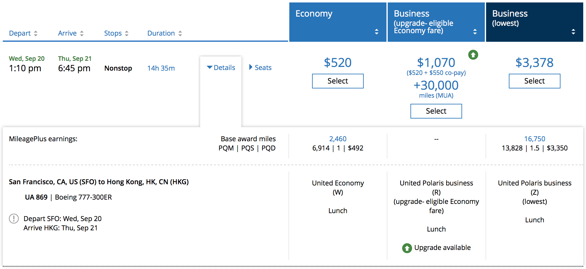 Price example for the SFO-HKG flight. In this case, the co-pay is $550 since the economy ticket is "W". You can see that in this case the cost is more than 3x if you were to book ticket outright in business class.
