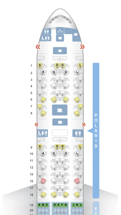 Here is the seat map of the Boeing 777-300ER with the new Polaris Business seating. I suggest to pick the odd row window seat as it seems to offer the most privacy. (Seat map courtesy of Seatguru.com )