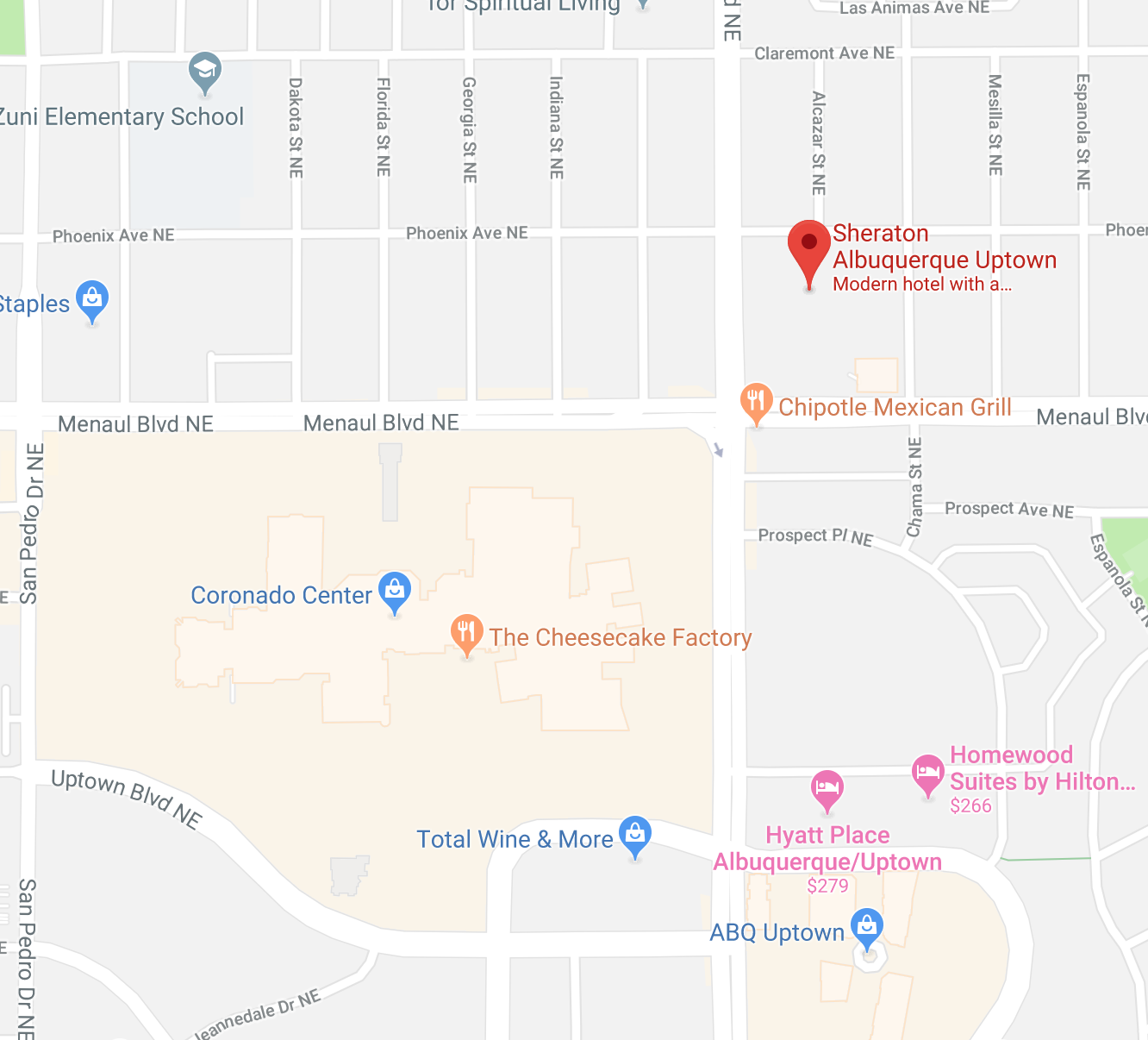 One of the shuttle pickup points is at the Coronado Center , a kitty corner from the Sheraton Albuquerque Uptown . Hotel prices for these two weekends will be very high so it is a good opportunity to redeem your points.