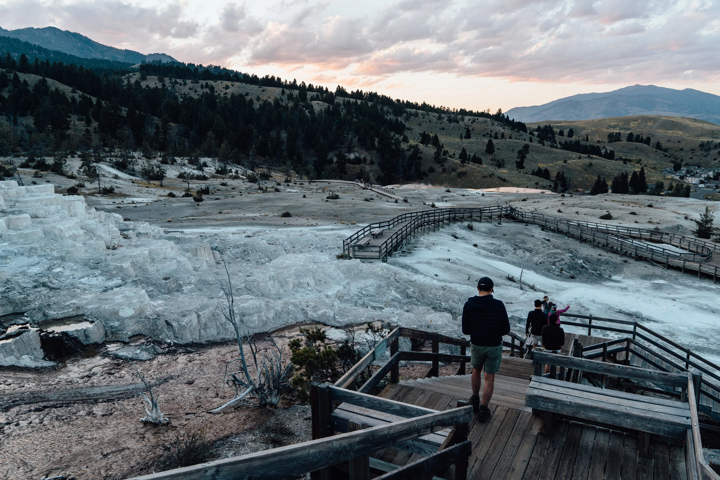 Mammoth Hot Springs situated along the hillside near the park’s North Entrance. The area contains a few dozen thermal features each with unique colors and patterns. The wooden walkway are very accessible - great for an evening stroll before a nice dinner at the nearby hotel.