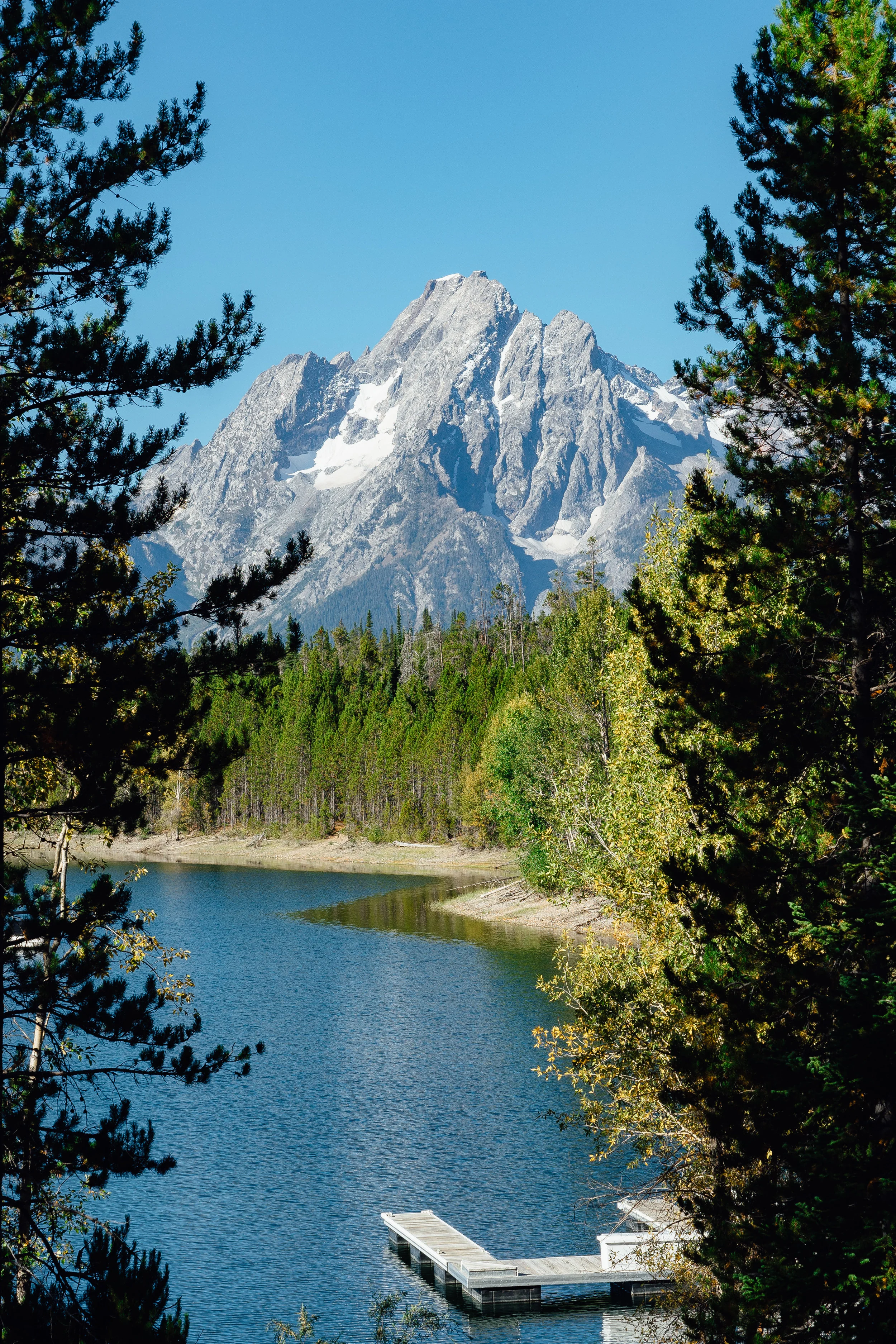 View of the Grand Teton from the Colter Bay Visitor Center .