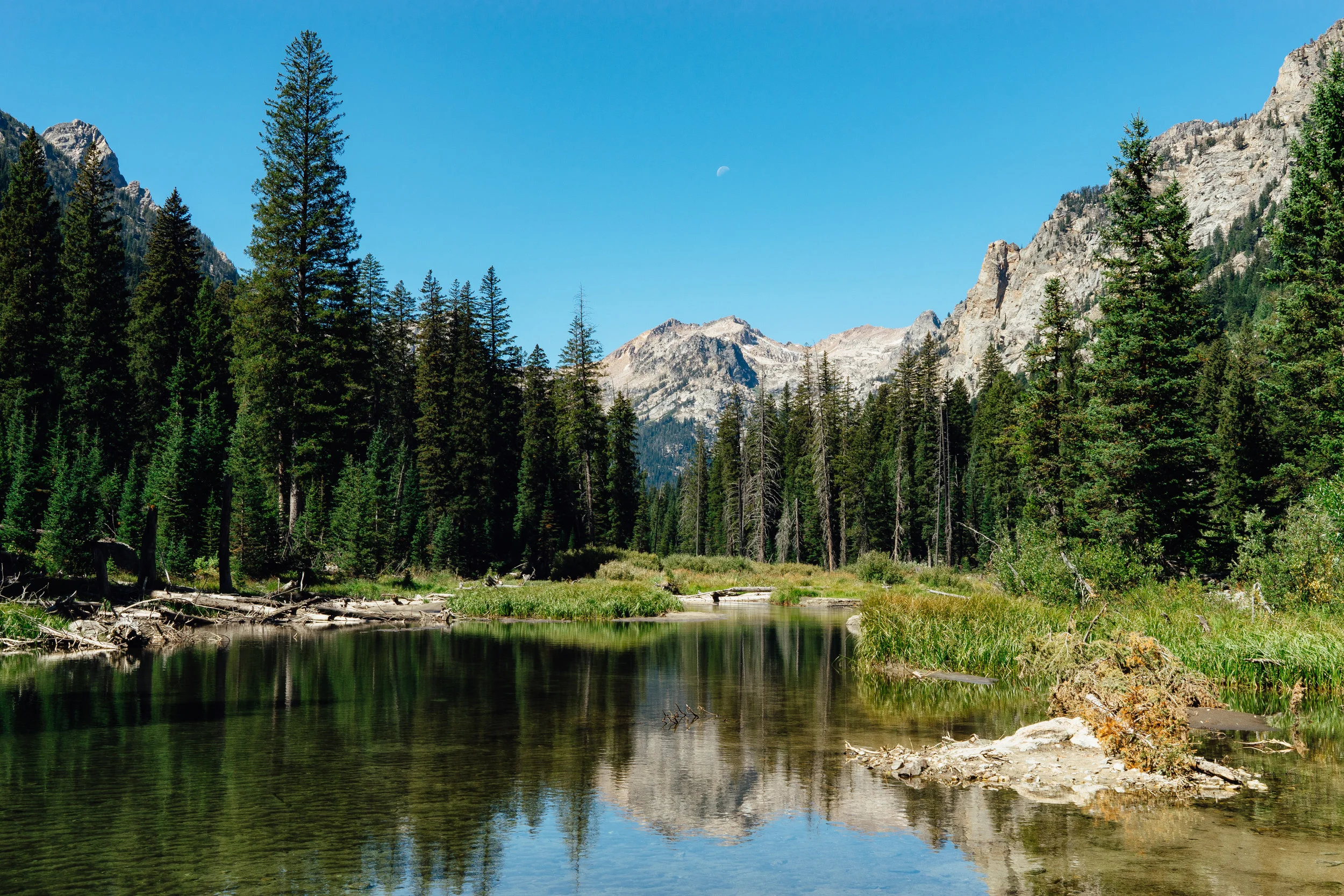 A peaceful scenary along the Cascade Trail. The moon is clearly visible just above the Teton Range.