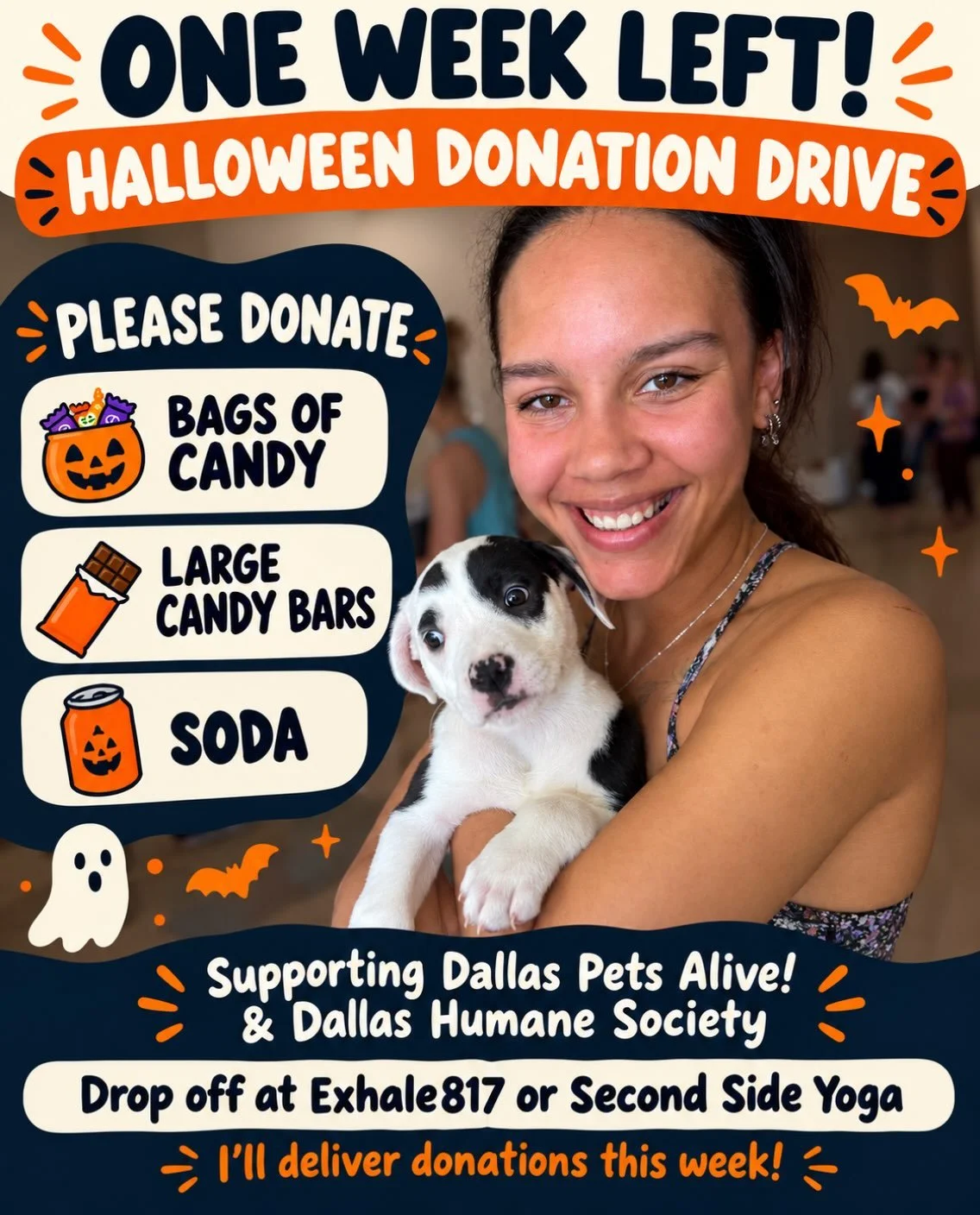 🎃 ONE WEEK LEFT TO GIVE!

We&rsquo;re collecting supplies for the trunk-or-treat event supporting Dallas Pets Alive! and Dallas Humane Society.

Here&rsquo;s what&rsquo;s needed:
🍬 Bags of candy
🍫 Large candy bars
🥤 Soda

Drop your donations at E